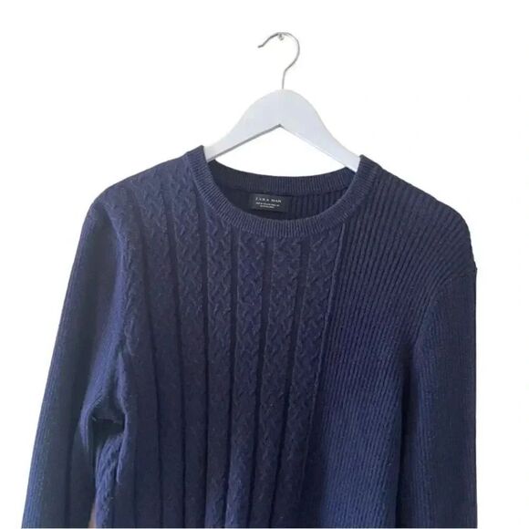 Zara Men Navy Knit Crewneck Long Sleeves Classic Cozy Warm Sweater SZ M # 1028 - Picture 4 of 11